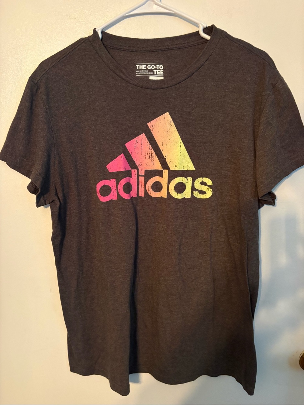 Adidas women’s XL Dark Gray Logo Tee with Pink-to-Yellow Gradient